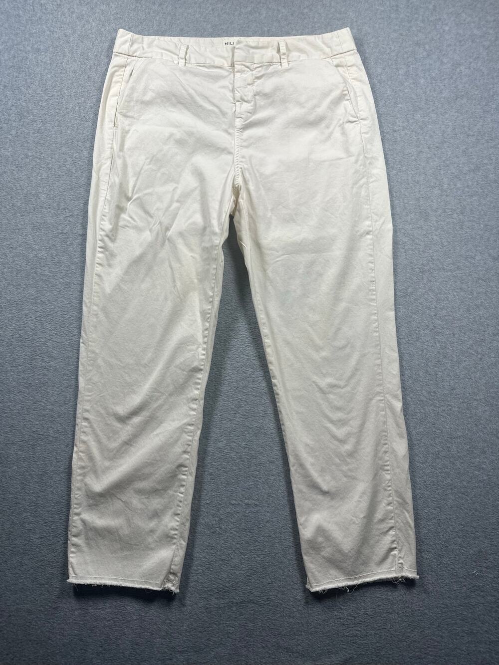 Nili Lotan Chino Pants Women's Est. Size L Off-White Casual Straight Leg Raw Hem
